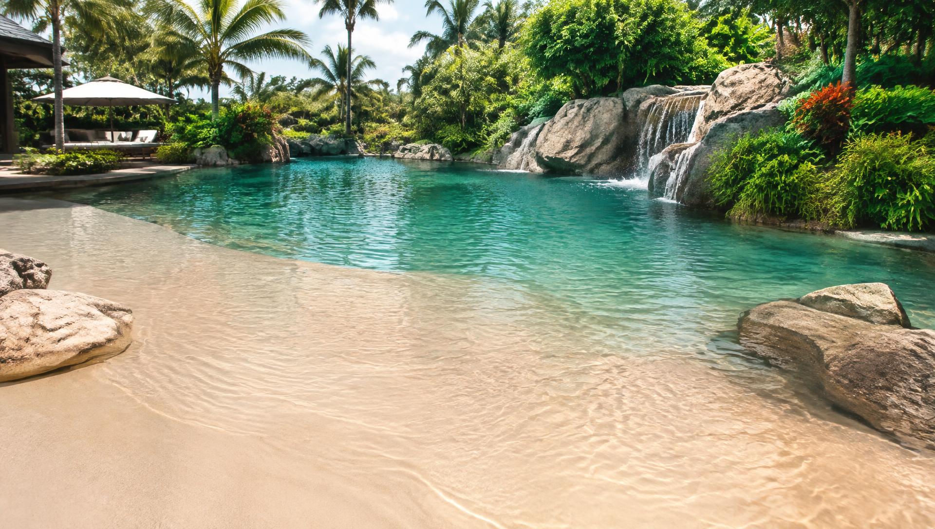 Piscina de areia com entrada rasa, água turquesa e vegetação tropical